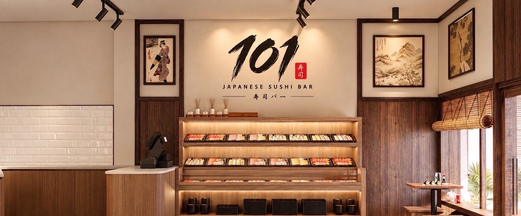 Interior of 101 Japanese Sushi Bar: lit sushi display shelves, wood panelling and window counter